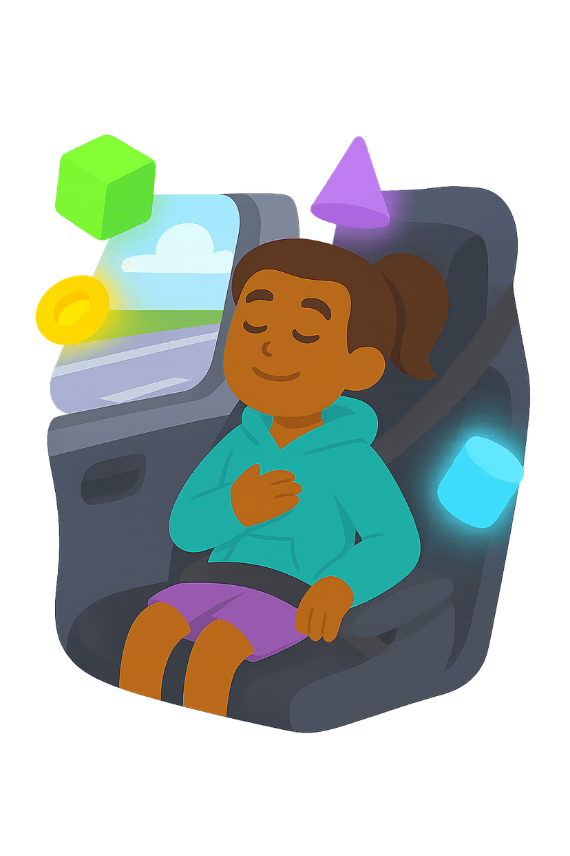 Happy female character riding in a car