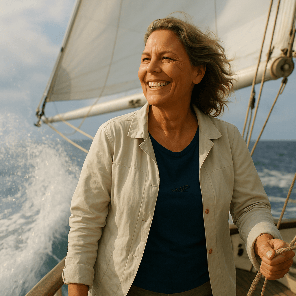 Happy traveler on a sailboat enjoying motion relief