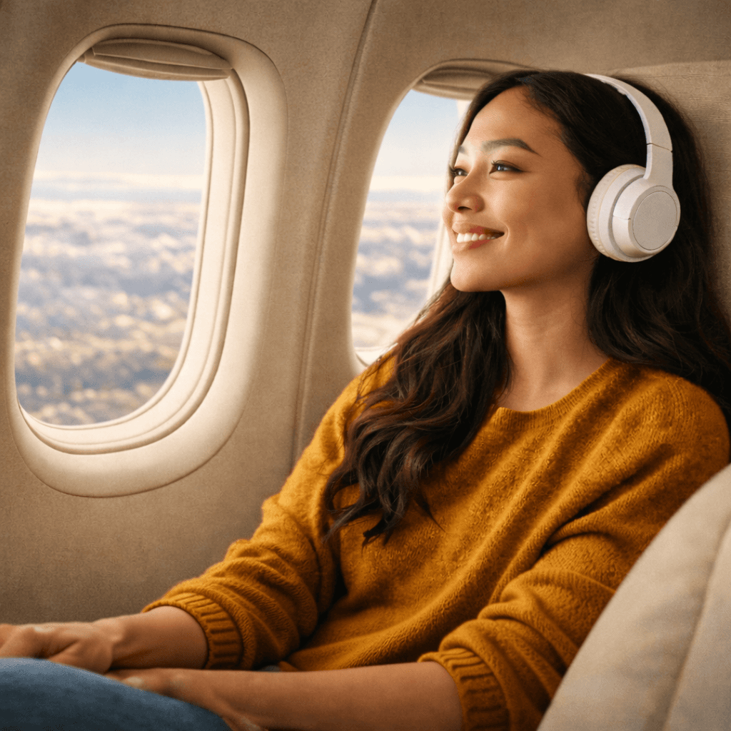 Woman wearing headphones on an airplane